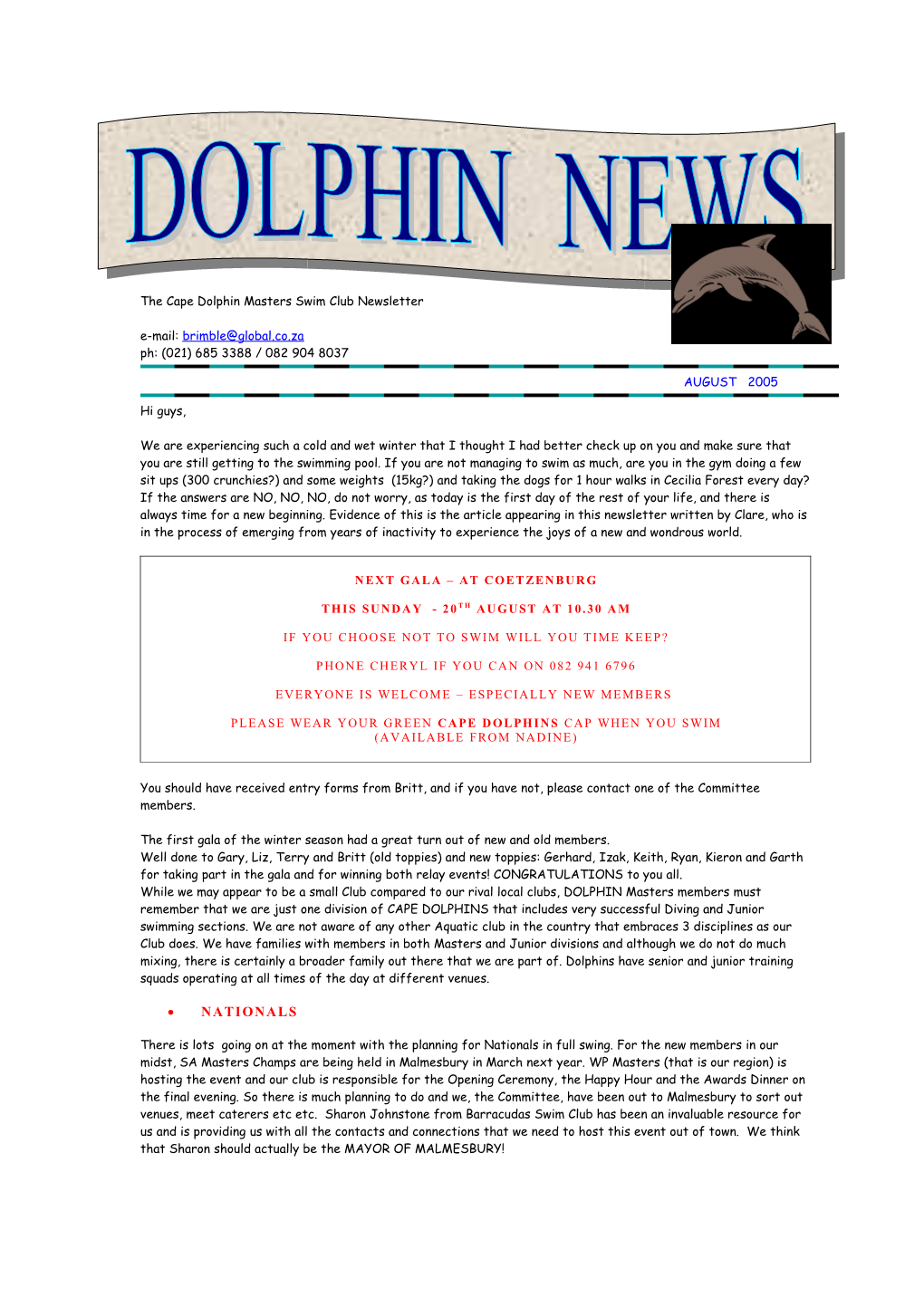 The Capedolphin Masters Swim Club Newsletter
