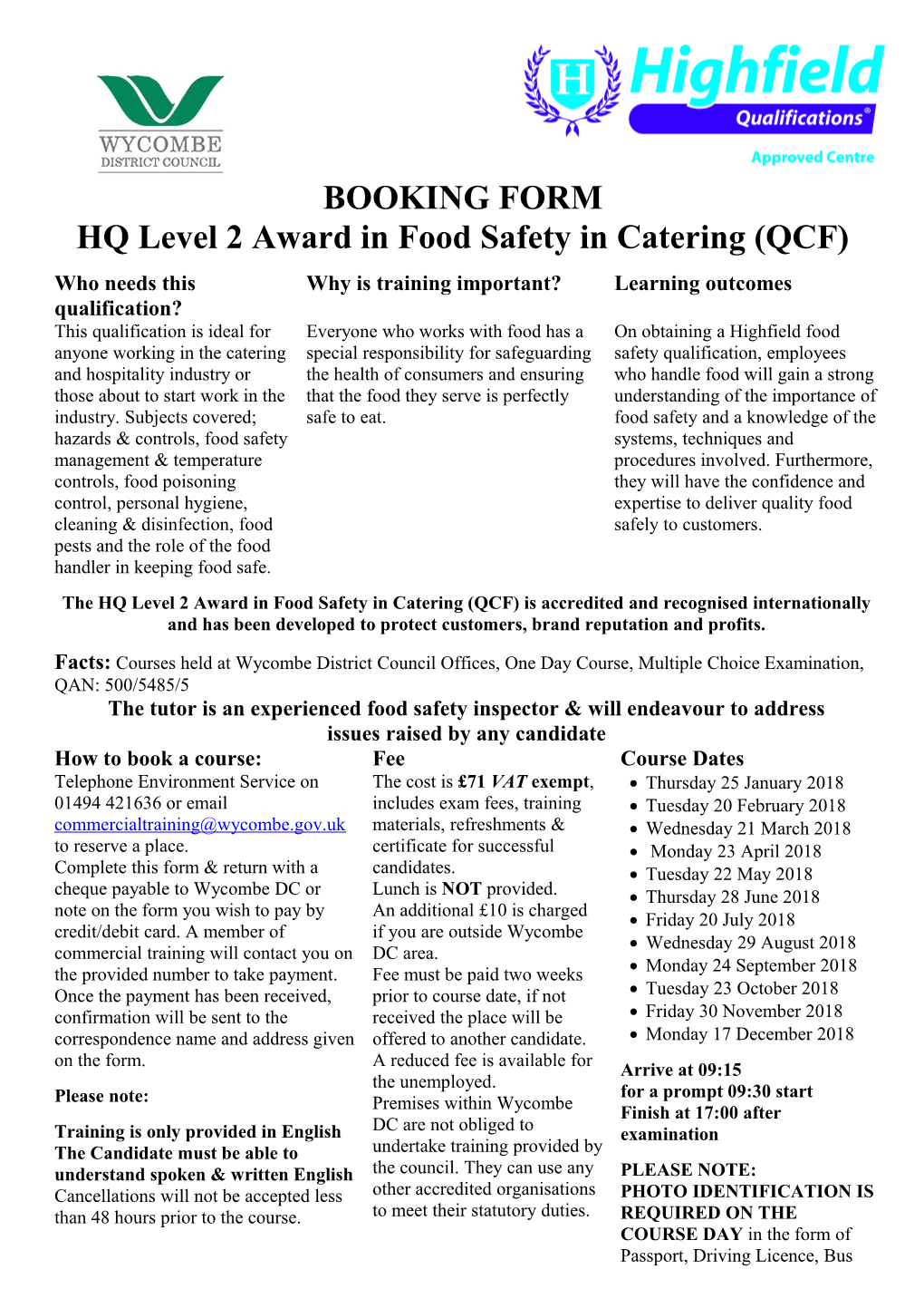 HQ Level 2 Award in Food Safety in Catering (QCF)