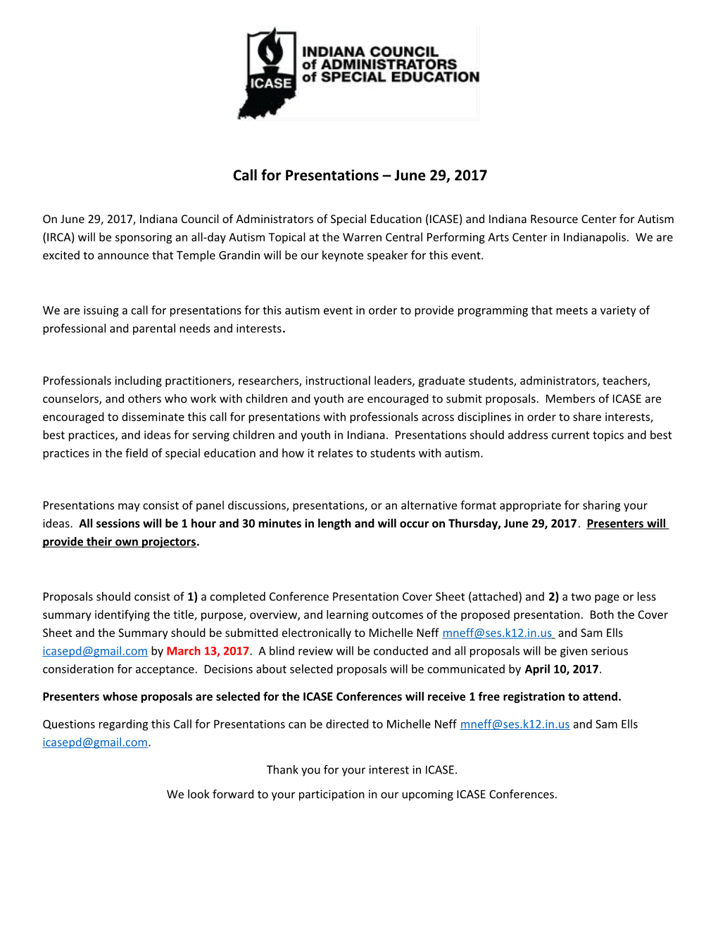 Call for Presentations June 29, 2017