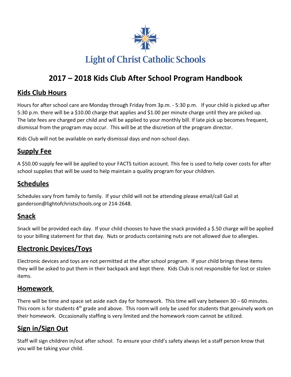 2017 2018 Kids Club After School Program Handbook