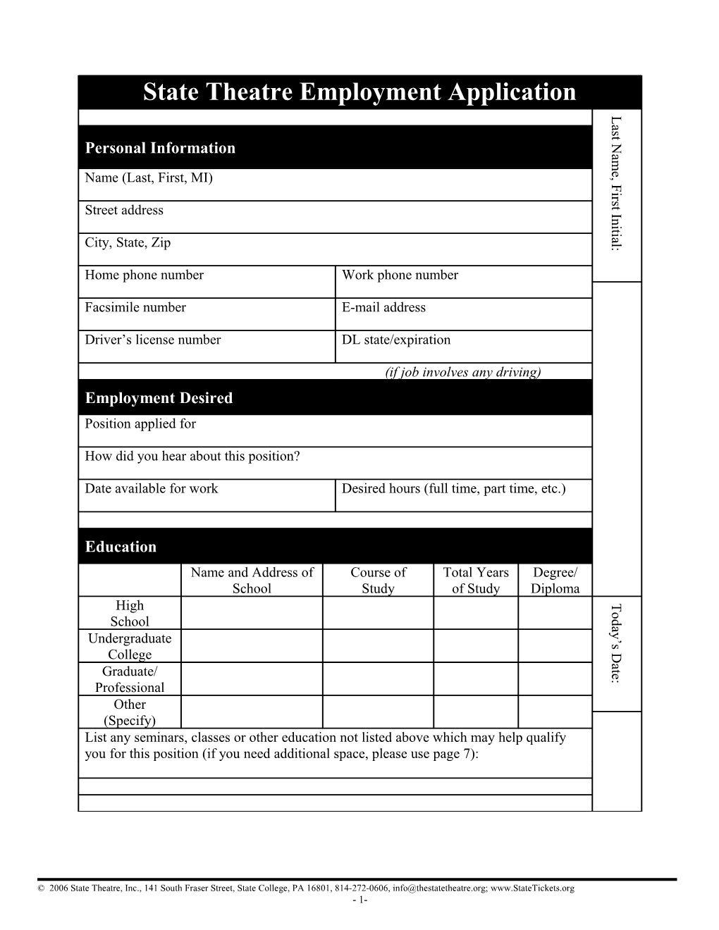 State Theatre Employment Application