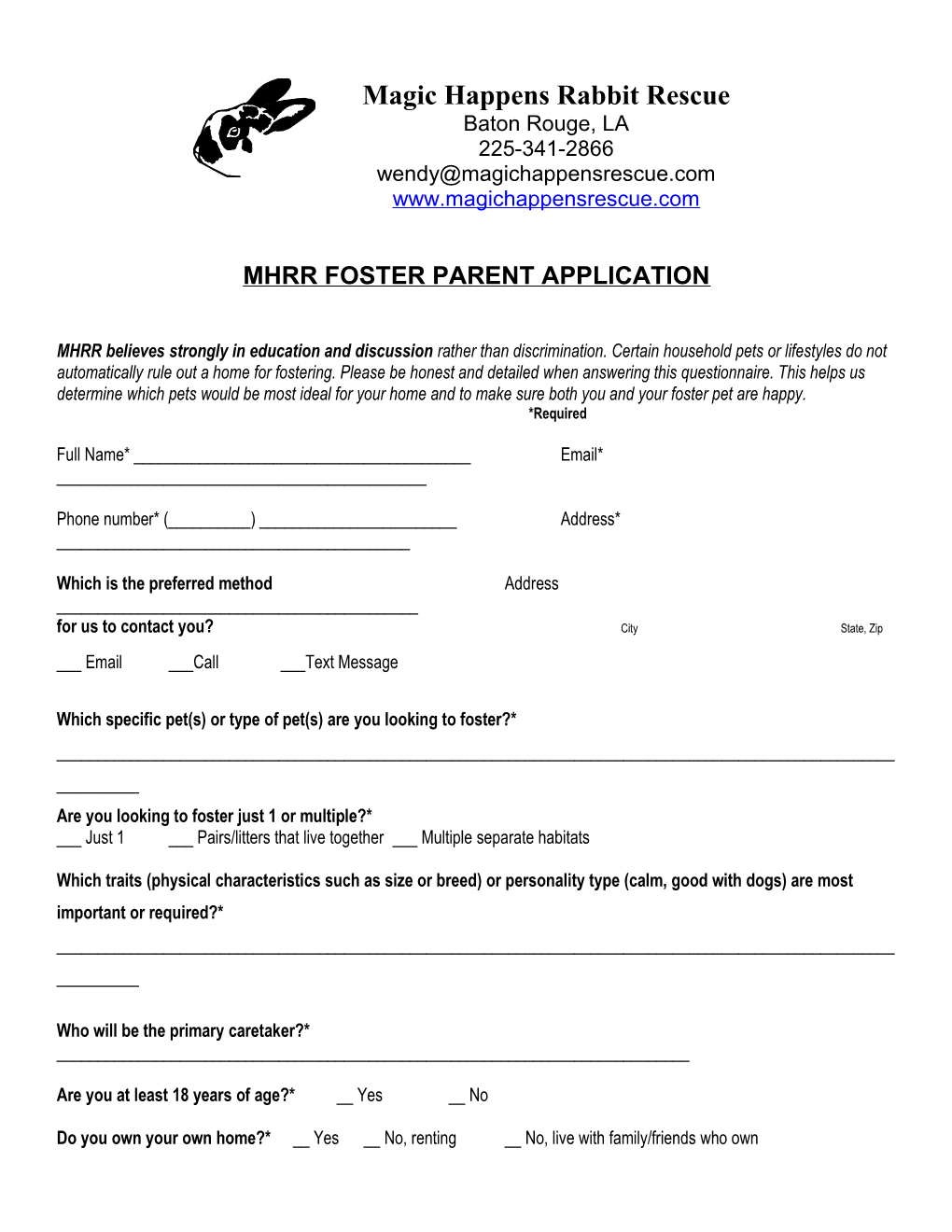 Mhrr Foster Parent Application