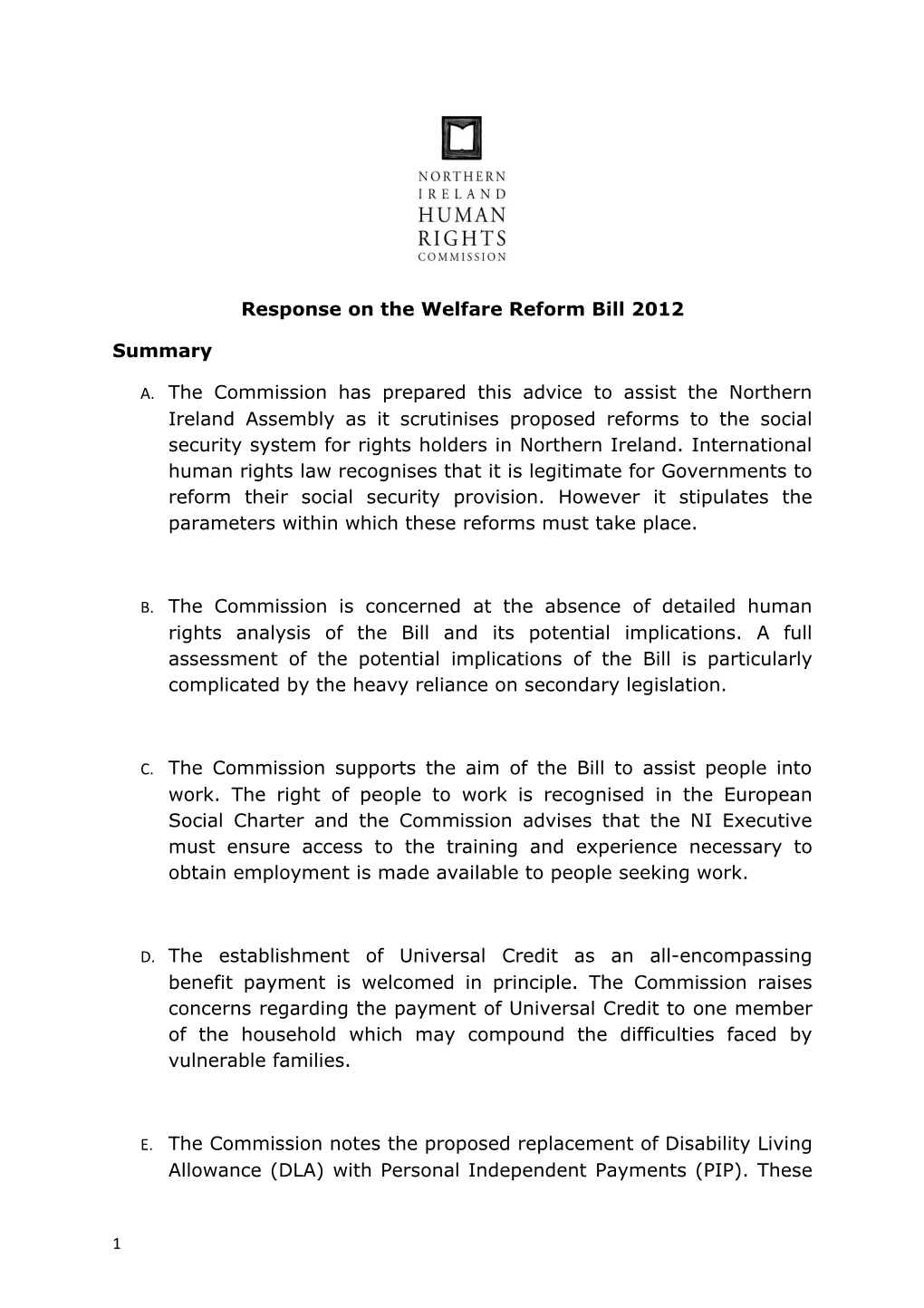 Response on the Welfare Reform Bill 2012