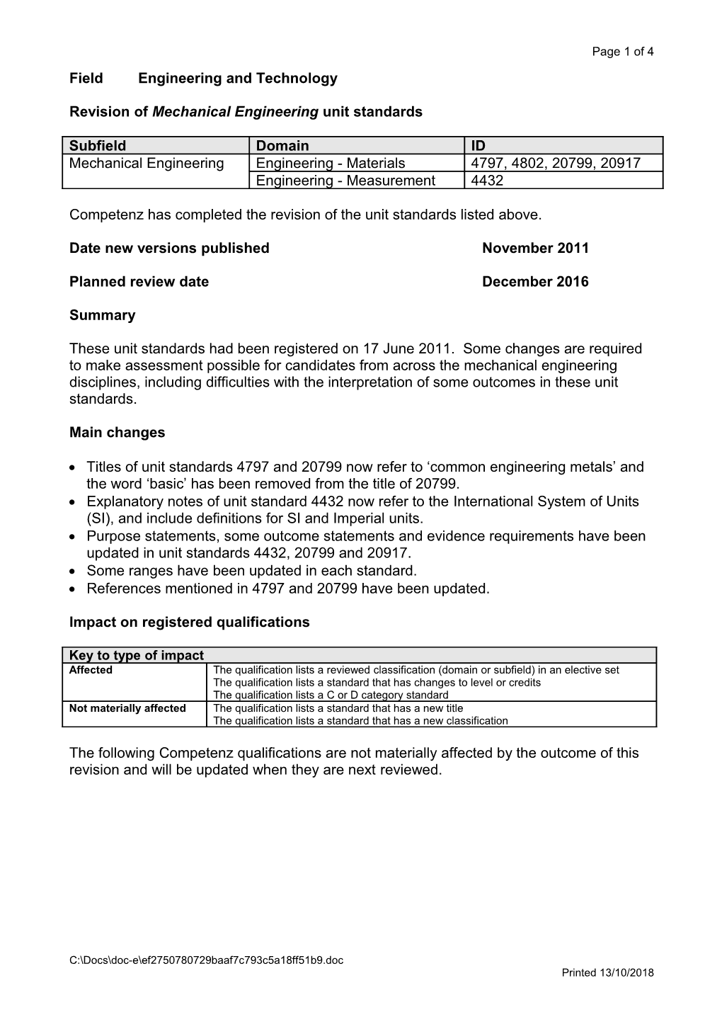 Revision of Mechanical Engineering Unit Standards