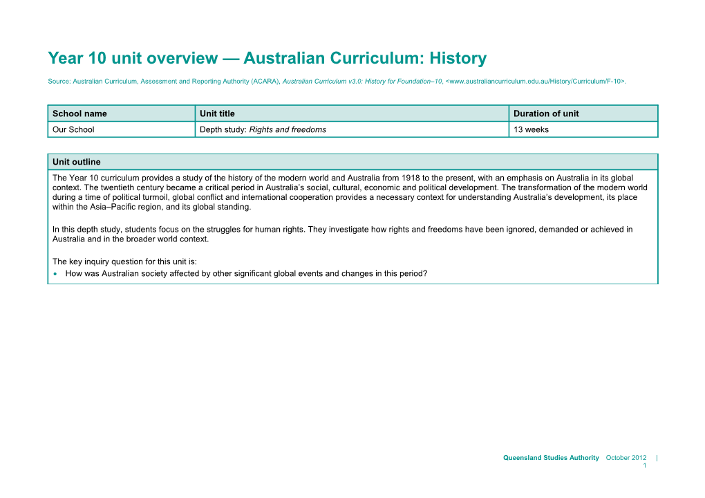 Year 10 Unit Overview Australian Curriculum: History