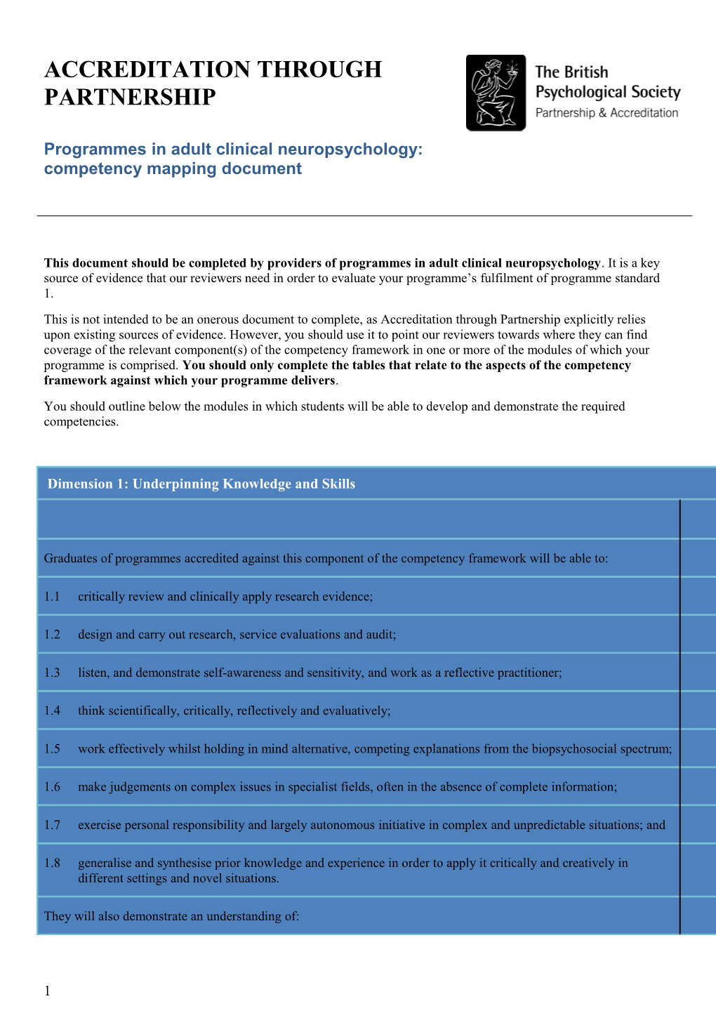 Programmes in Adult Clinical Neuropsychology: Competencymapping Document