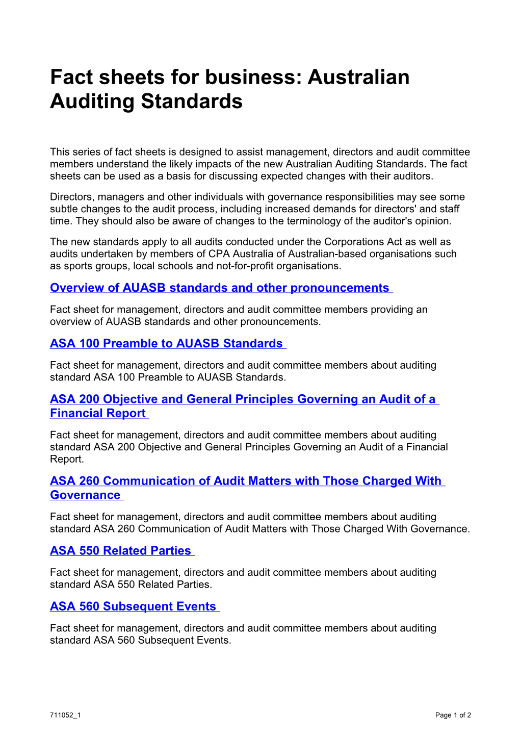 Fact Sheets for Business: Australian Auditing Standards