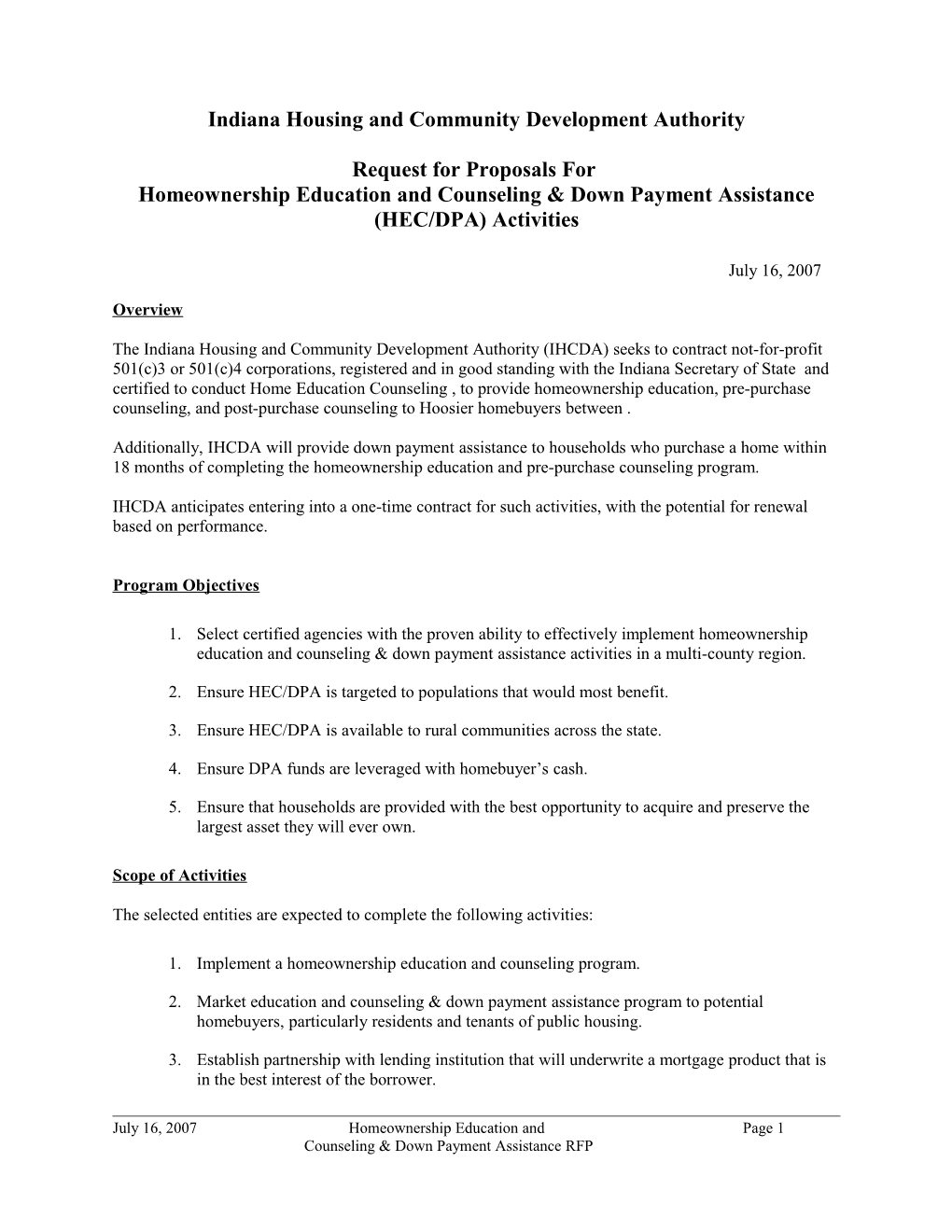 Indiana Housing Finance Authority Request for Proprosal