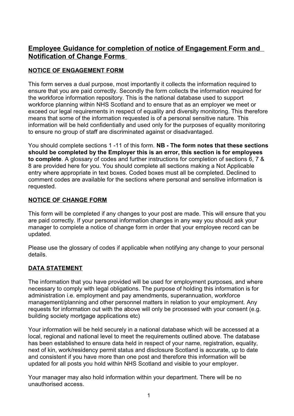 Employee Guidance for Completion of Notice of Engagement Form and Notification of Change Forms