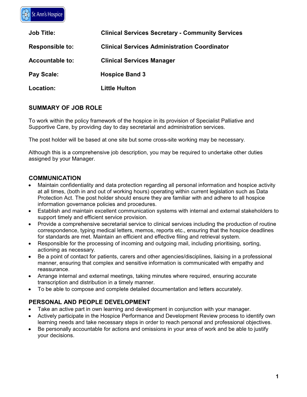 Job Title: Clinical Services Secretary - Community Services