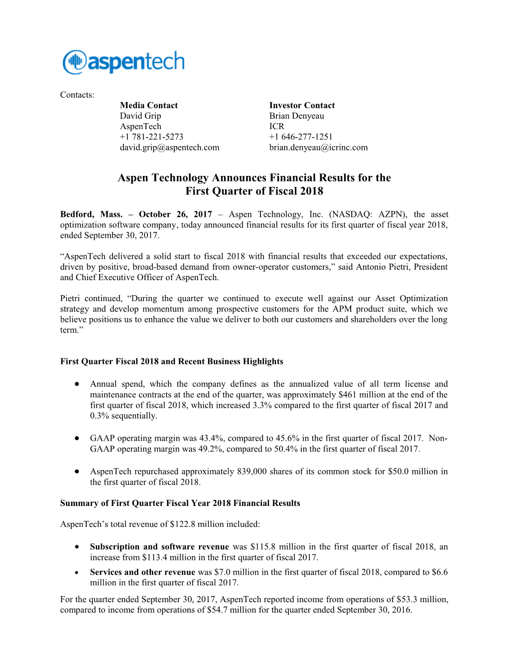 Aspen Technology Announces Financial Results for The