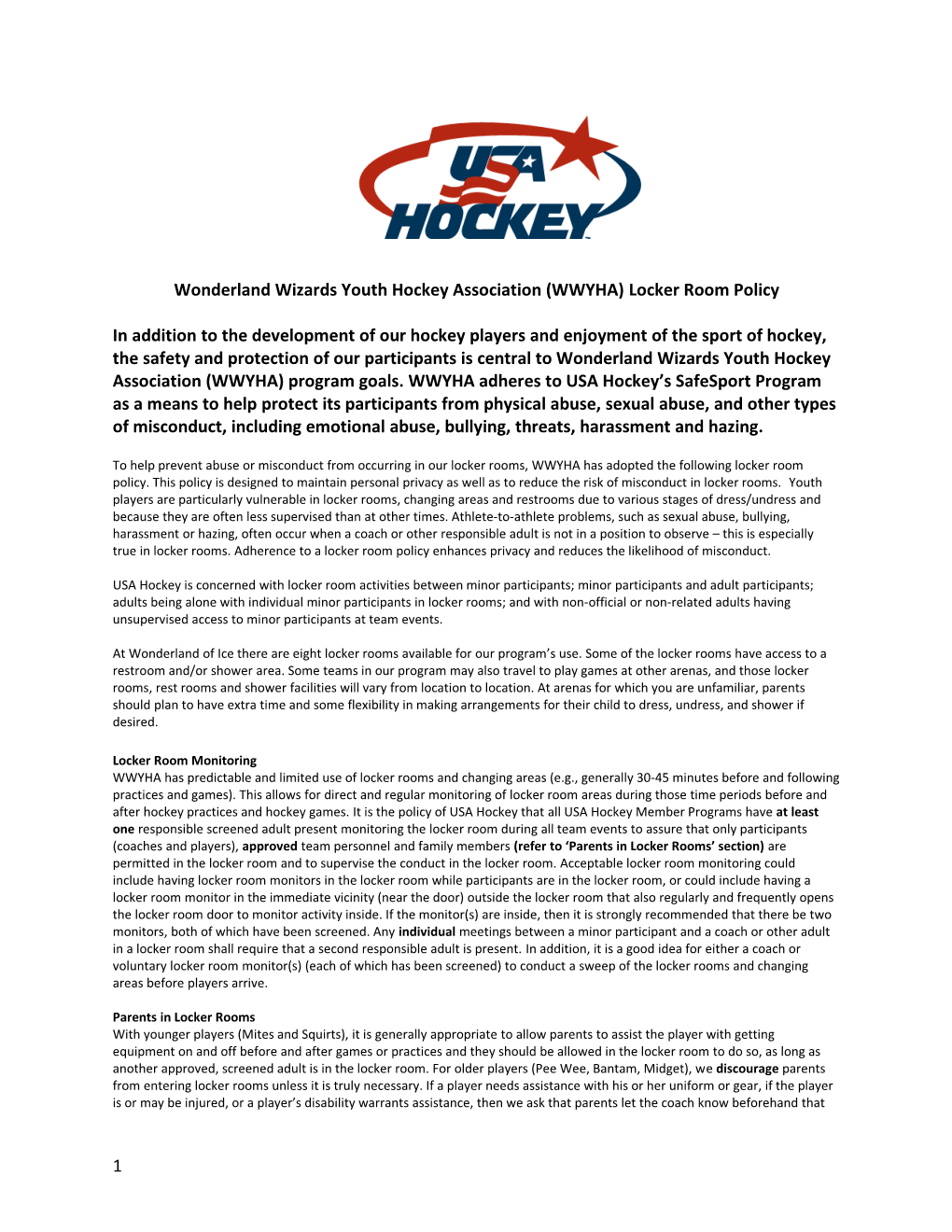Wonderland Wizards Youth Hockey Association (WWYHA) Locker Room Policy