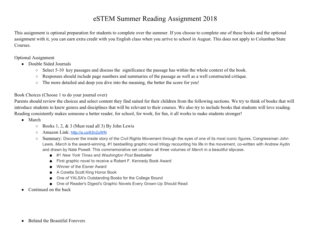 Estem Summer Reading Assignment 2018