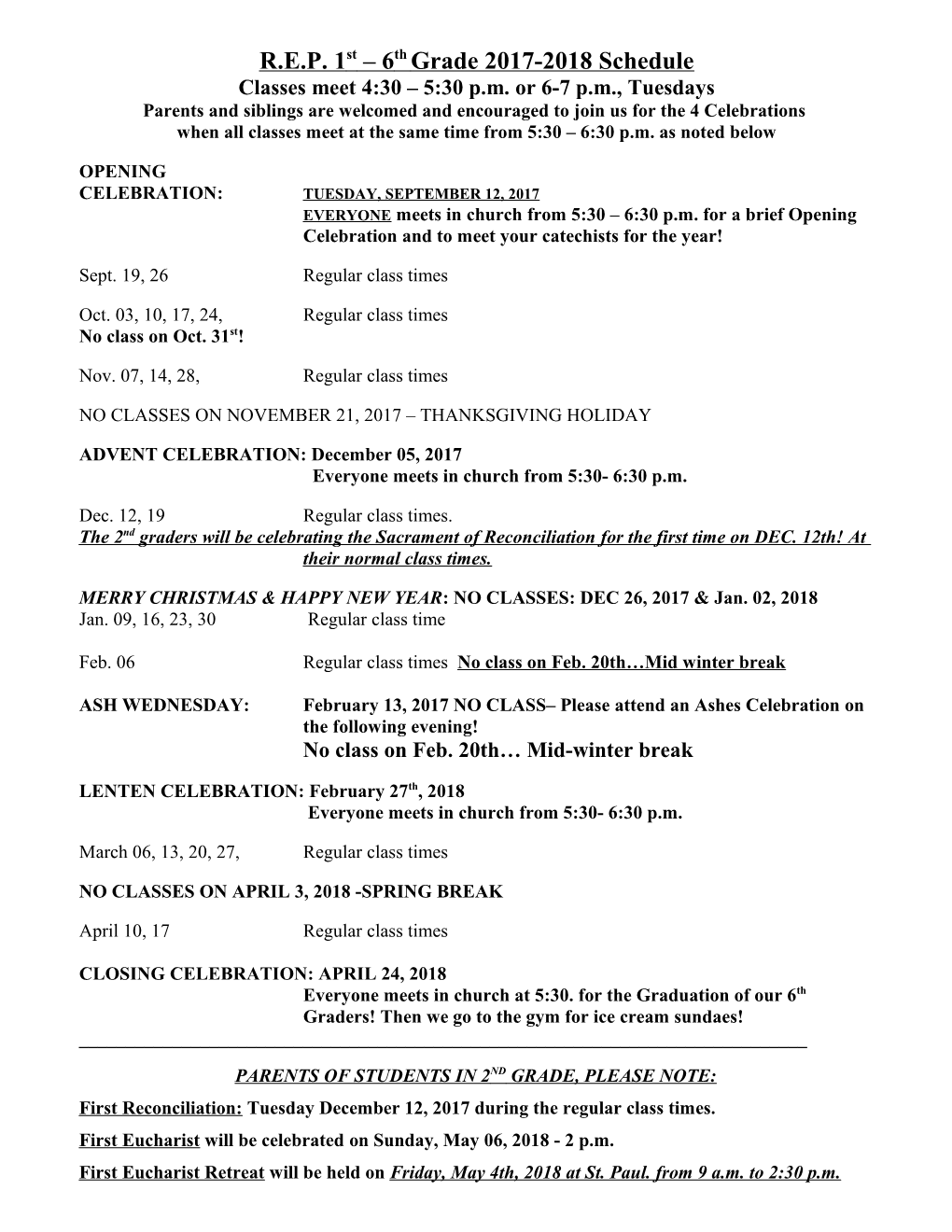 R.E.P. 1St 6Th Grade 2017-2018 Schedule