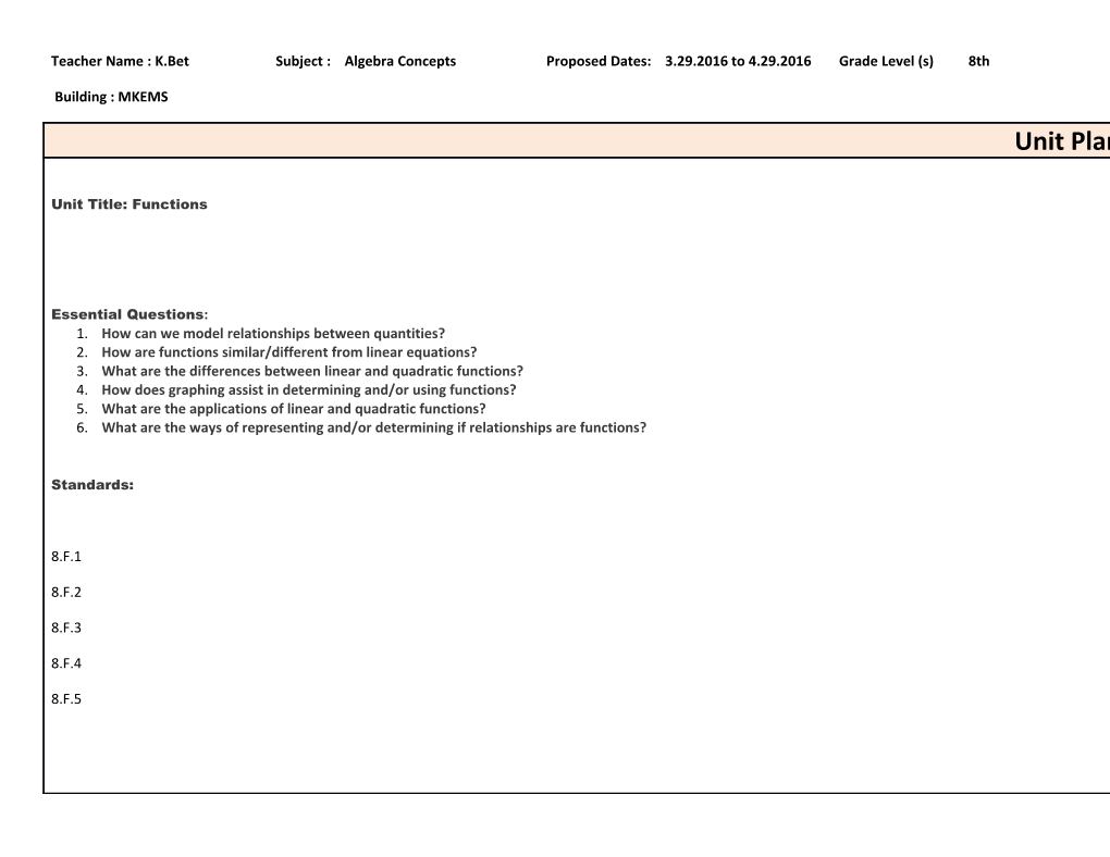 Teacher Name :K.Bet Subject : Algebra Concepts Proposed Dates: 3.29.2016 to 4.29.2016