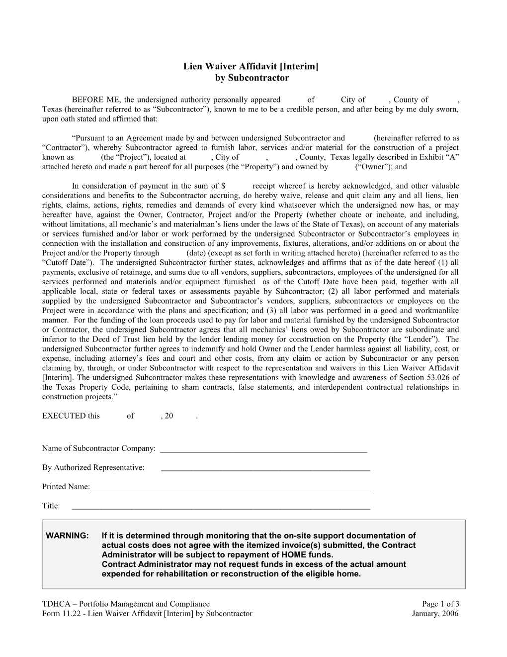 Form 11.22 - Lien Waiver Affidavit Interim by Subcontractor