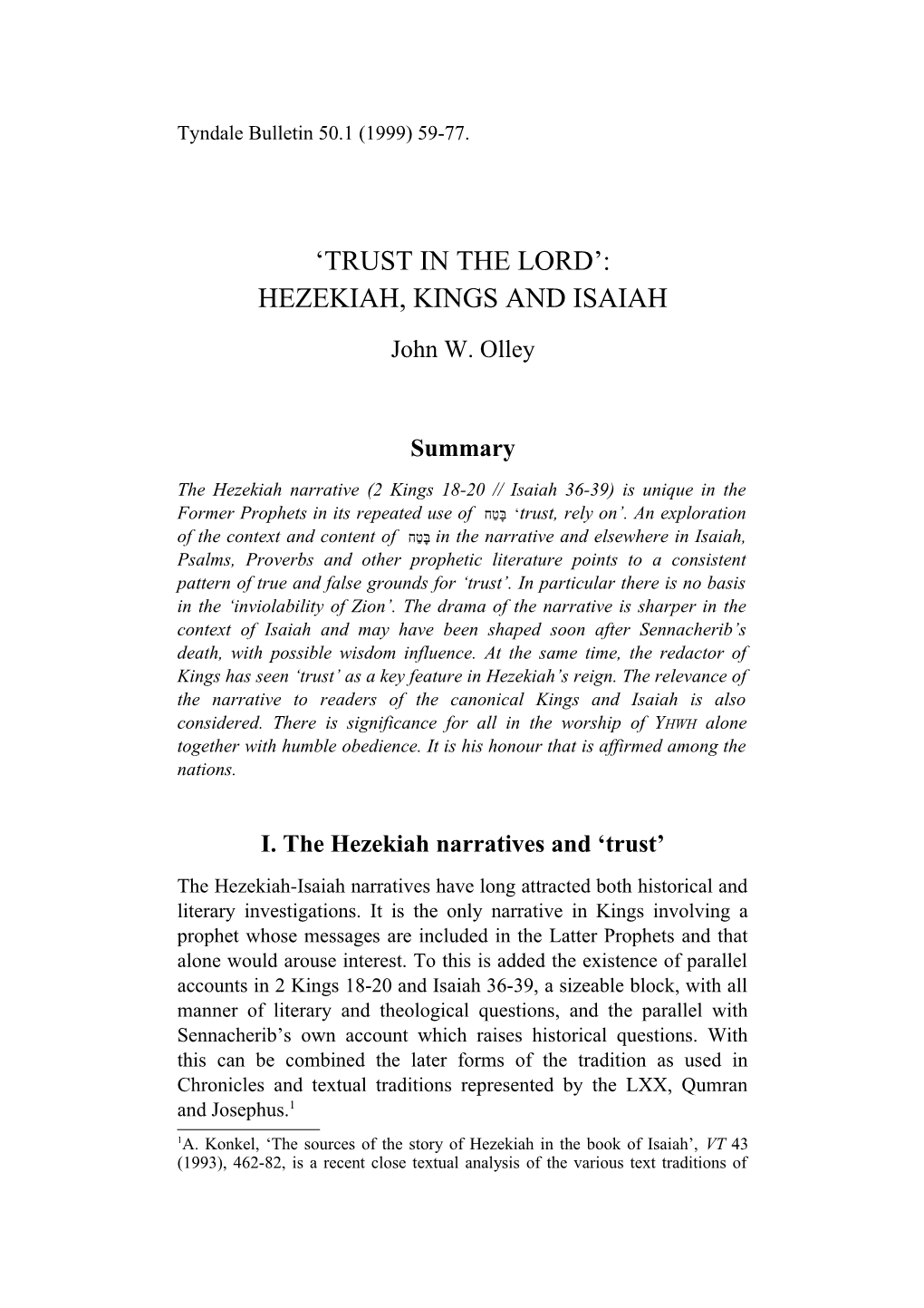 Beyond 700 BCE: Trust in the Lord , Hezekiah, Kings and Isaiah
