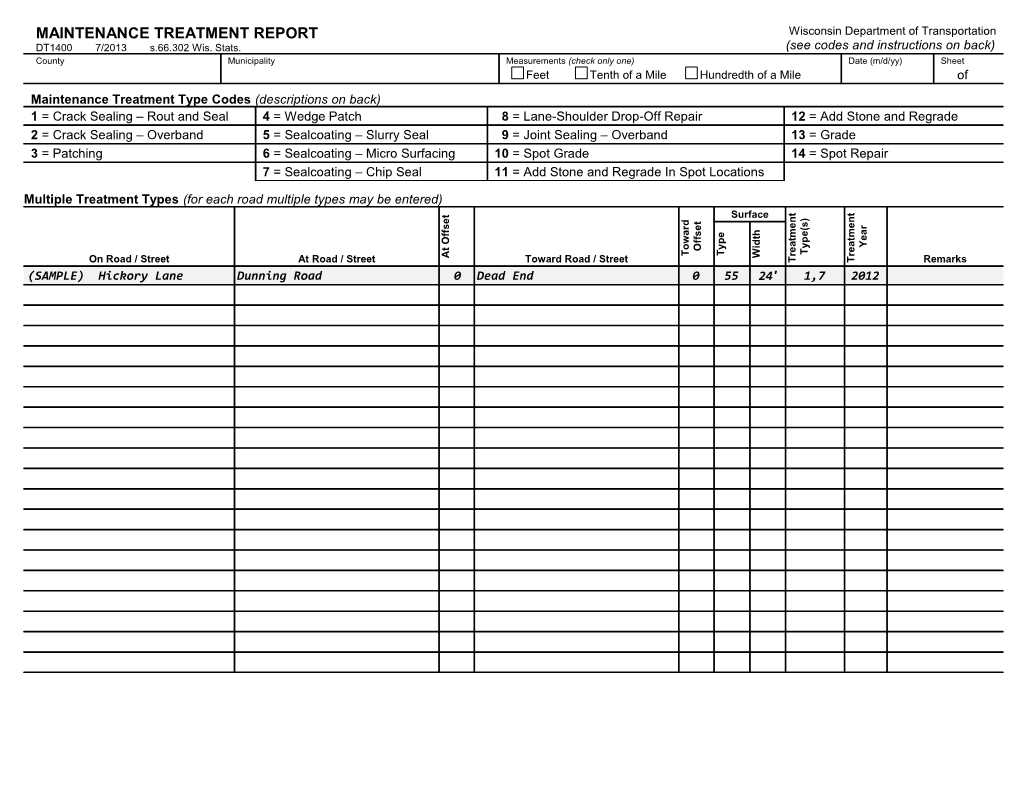 DT1400 Maintenance Treatment Report