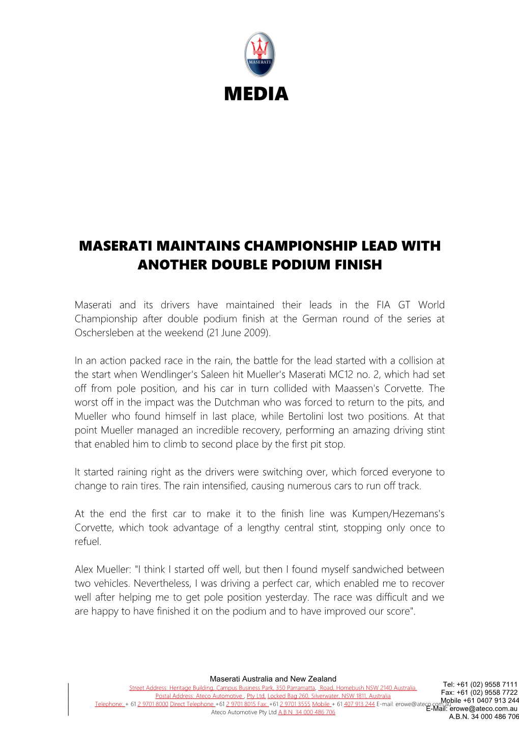 Maserati Maintains Championship Lead with Another Double Podium Finish