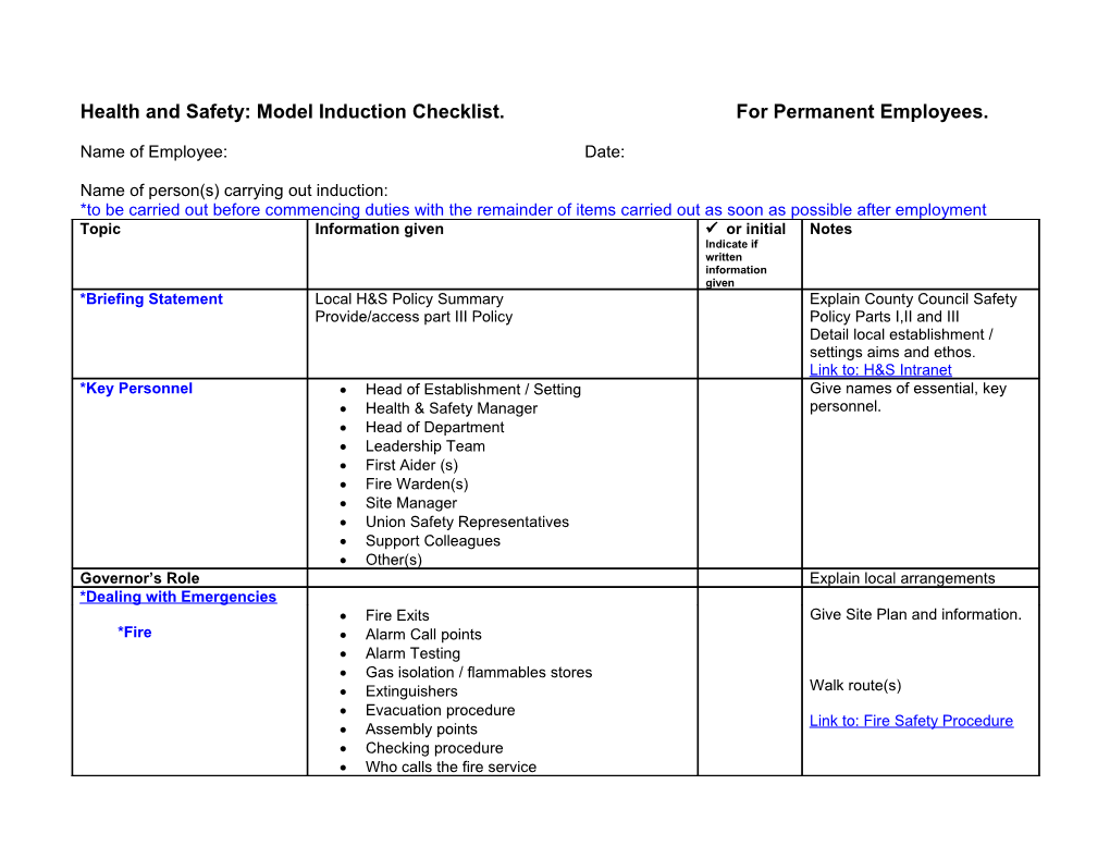 Health and Safety Induction Checklist for Supply Teachers and Temporary Employees