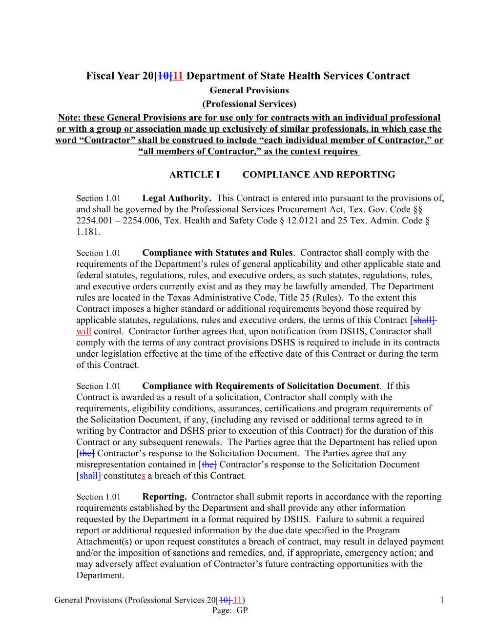 Fiscal Year 20 10 11 Department of State Health Services Contract