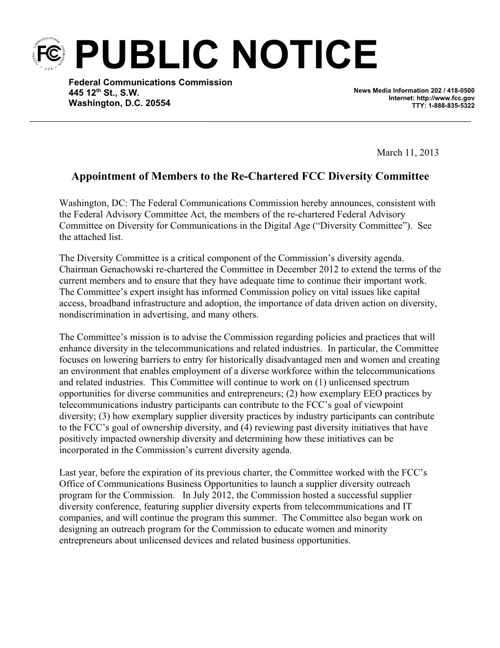 Appointment of Members to the Re-Chartered FCC Diversity Committee