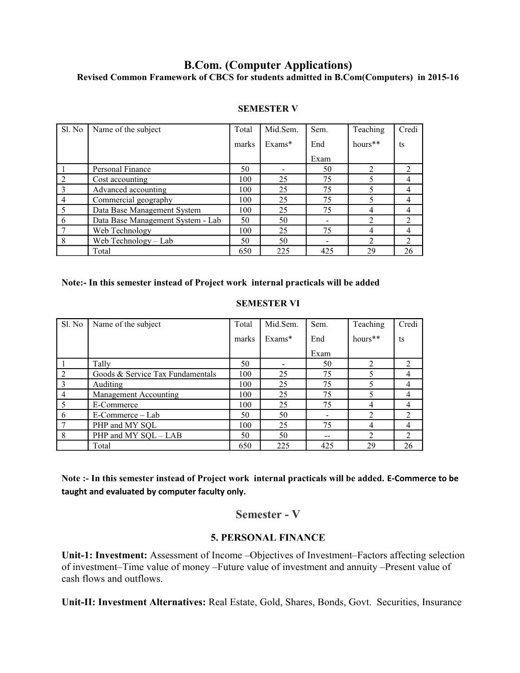 Revised Common Framework of CBCS for Students Admitted in B.Com(Computers) in 2015-16