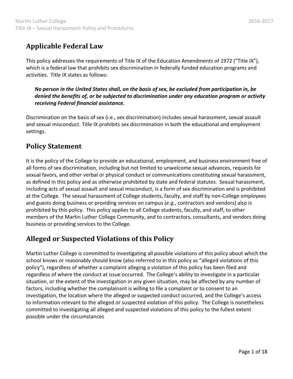 Title IX Sexual Harassment Policy and Procedures