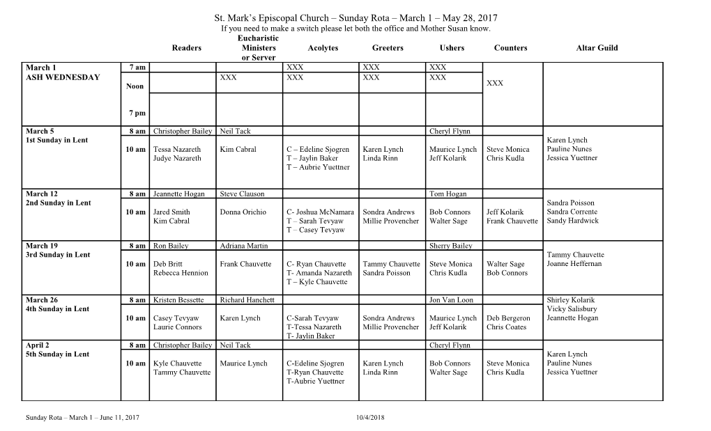 St. Mark S Episcopal Church Sunday Rota March 1 May 28, 2017