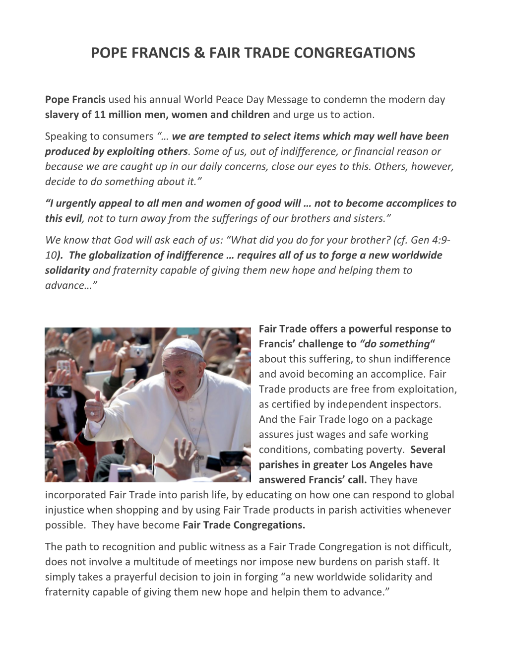 Pope Francis & Fair Trade Congregations