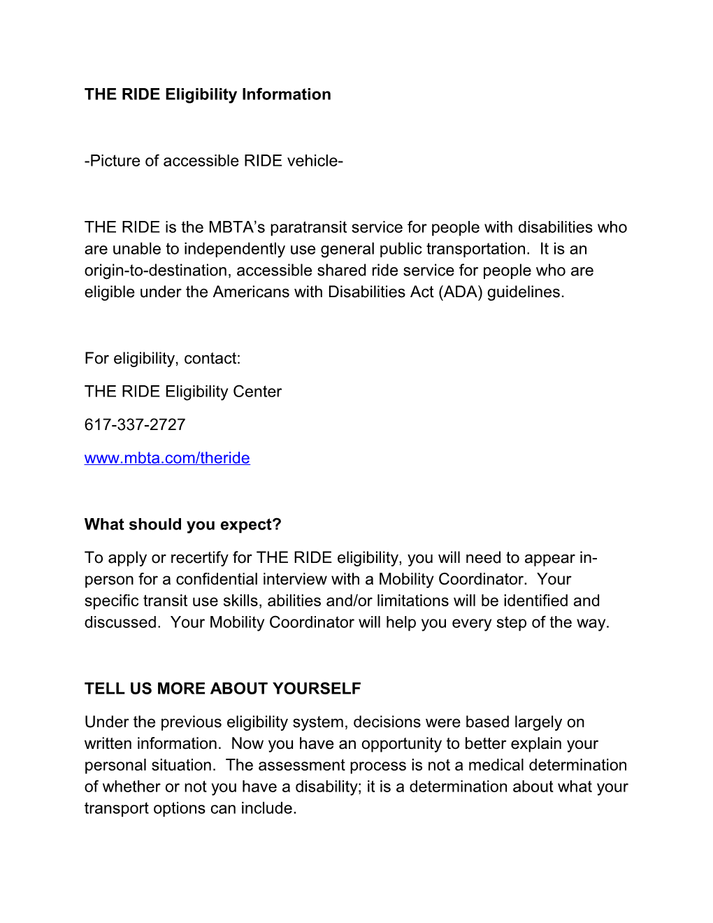 THE RIDE Eligibility Information
