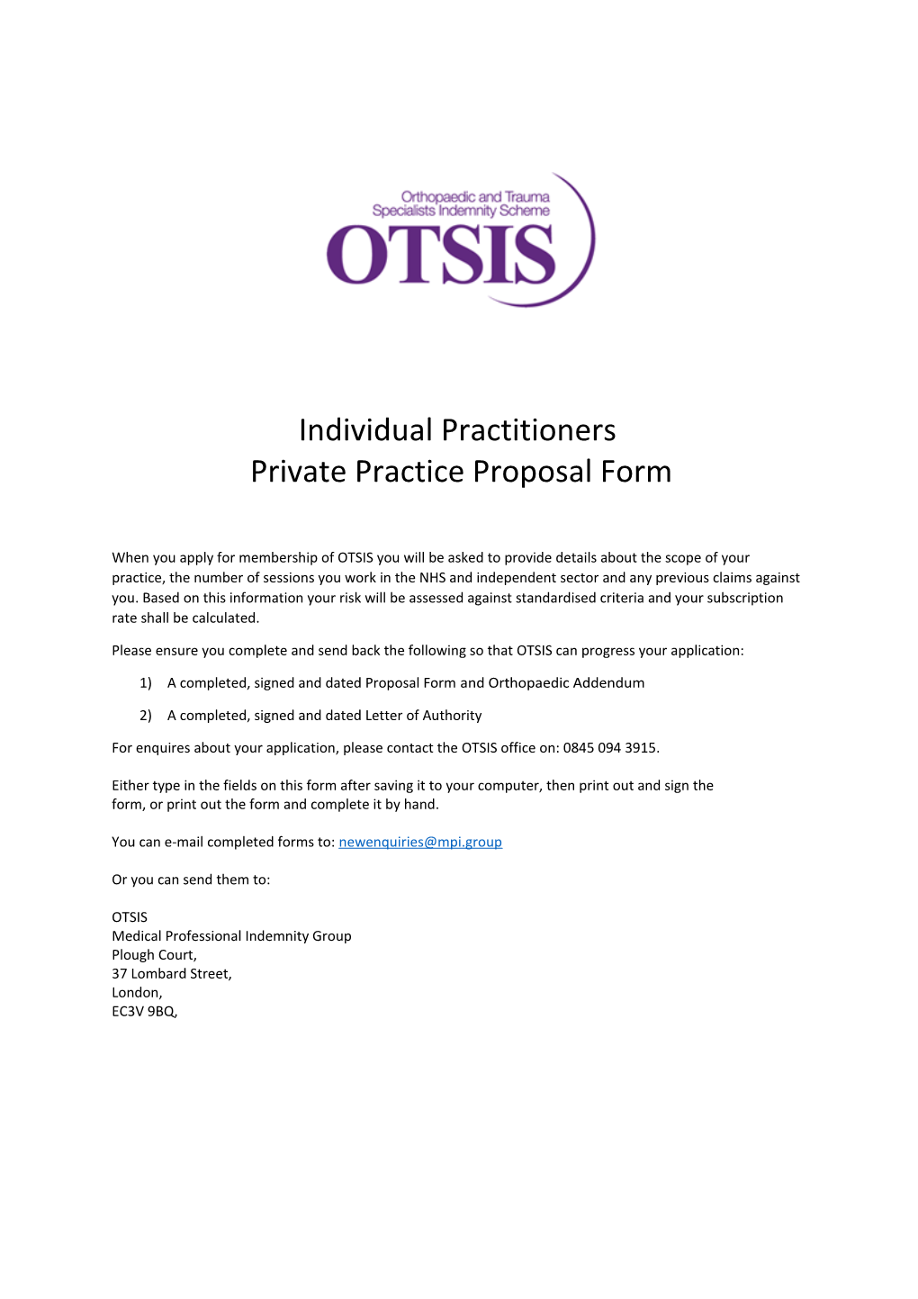 Individual Practitioners Private Practice Proposal Form