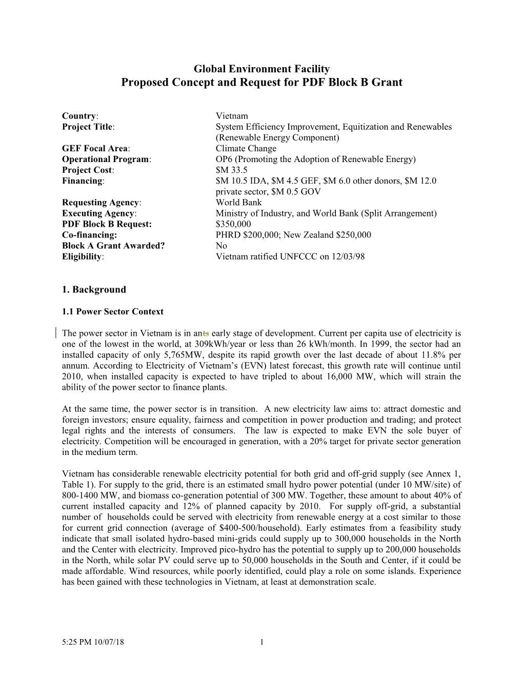 Proposed Concept and Request for PDF Block B Grant