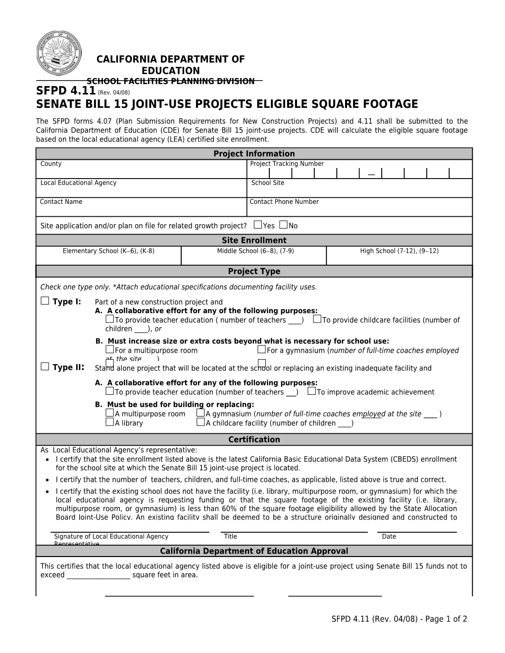 SFPD 4.11 Form - School Facility (CA Dept of Education)