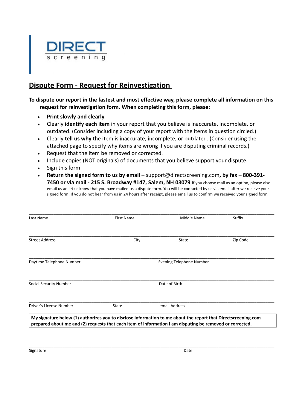 Dispute Form - Request for Reinvestigation