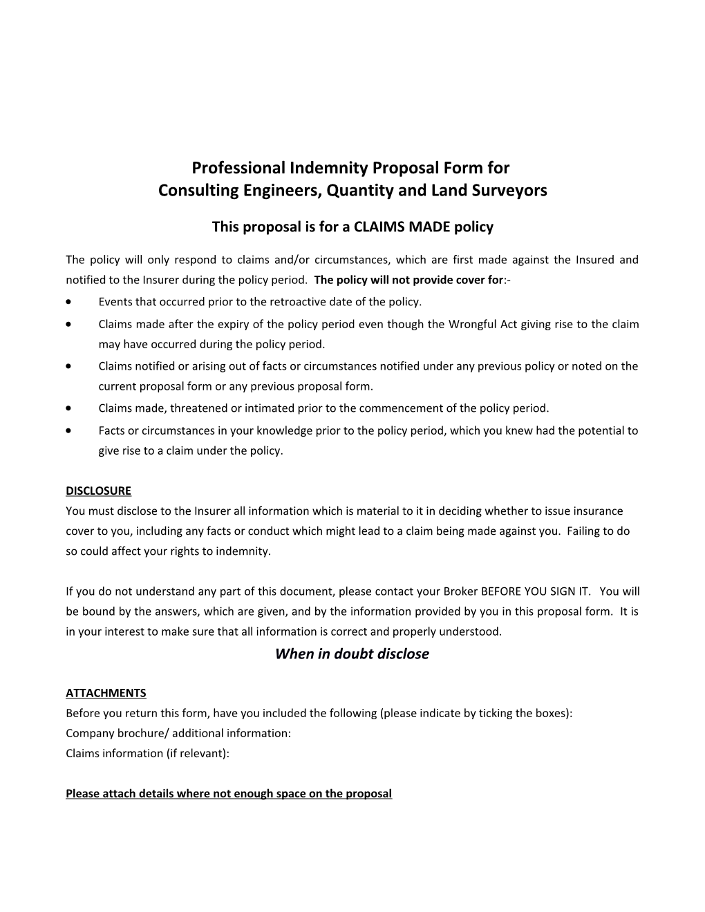 Professional Indemnity Proposal Form For
