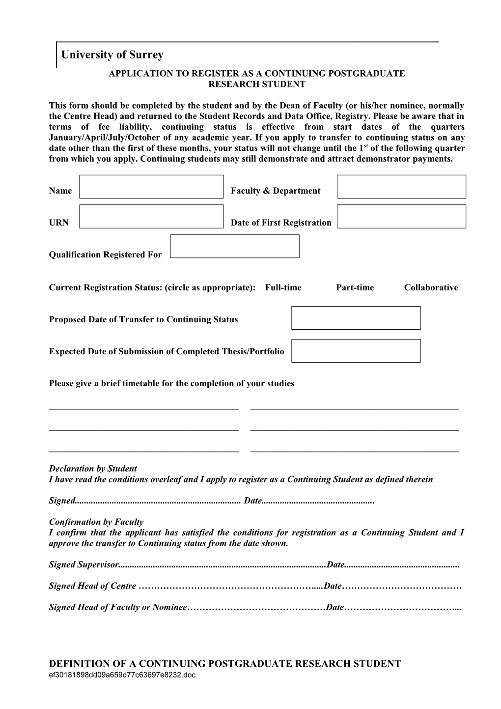 Application for Continuing Status Form