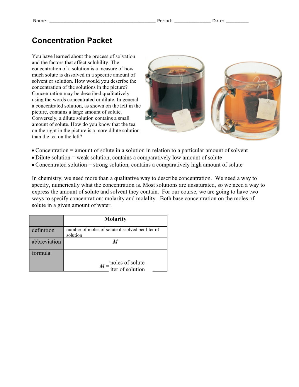 Calculations Using Molarity