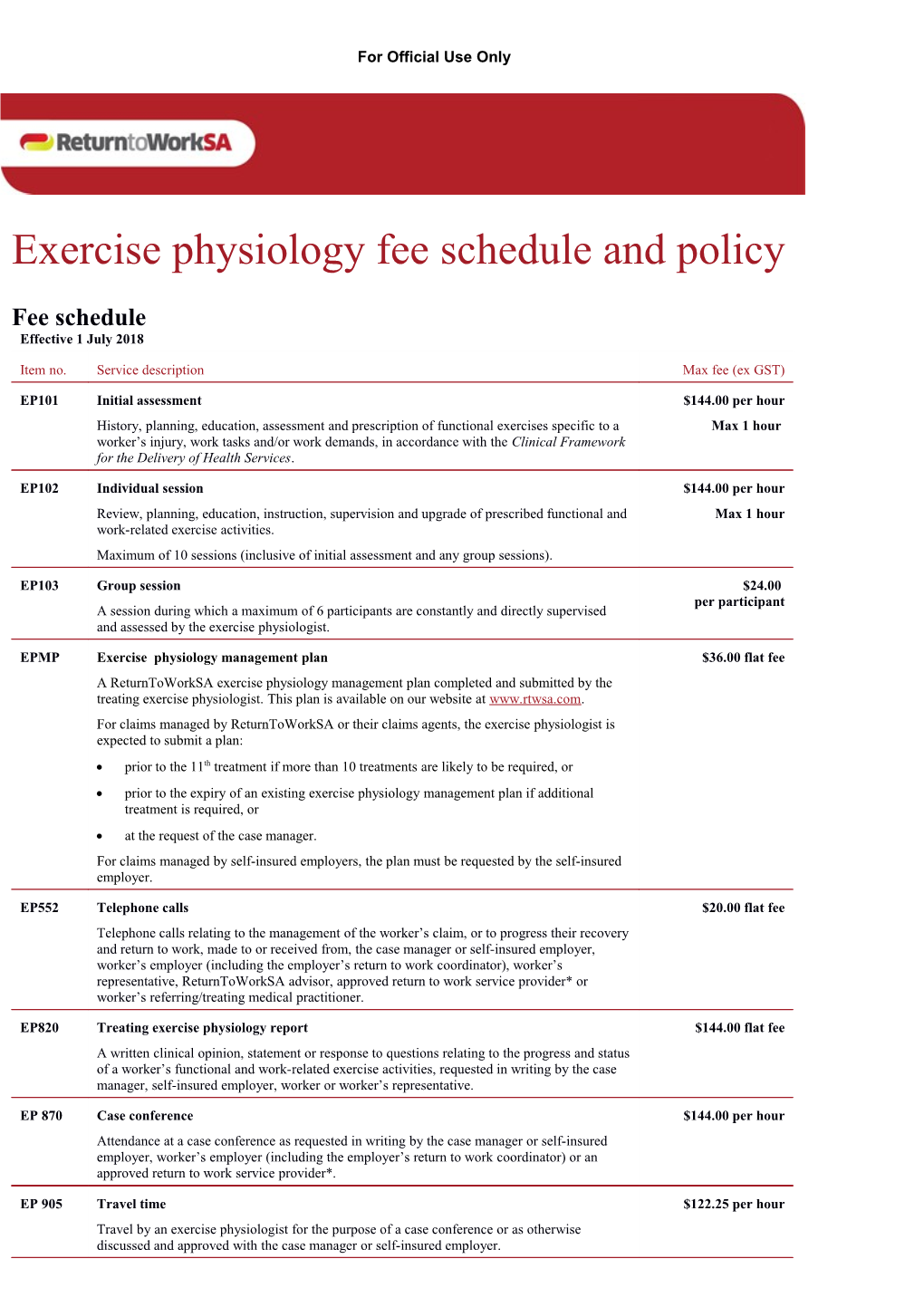 Exercise Physiology Fee Schedule and Policy