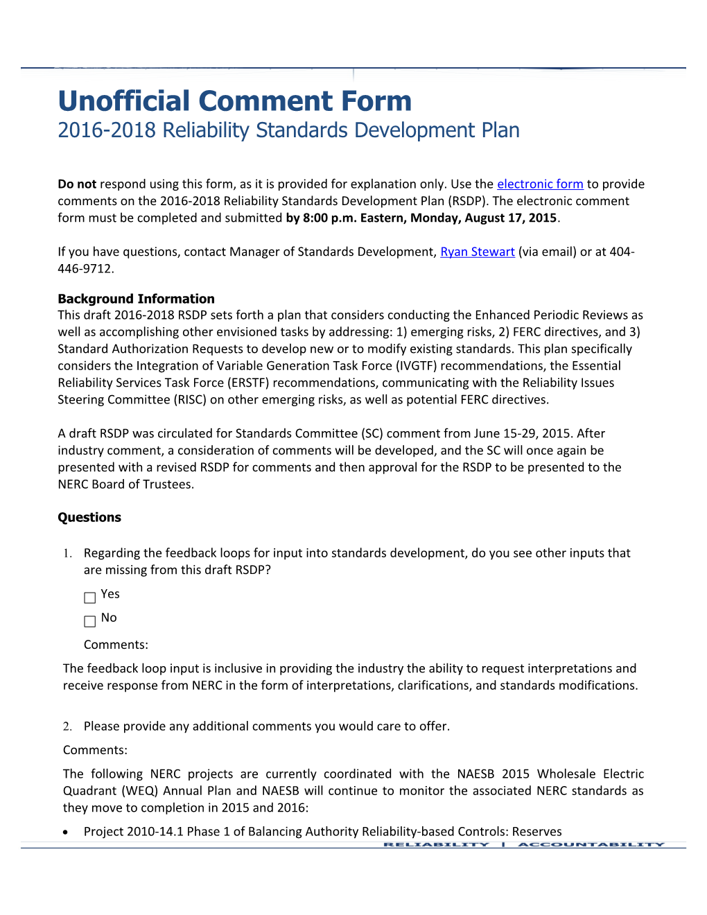2015 Project for Updating Reliability Standards Development Plan: 2016-2018 Related Files