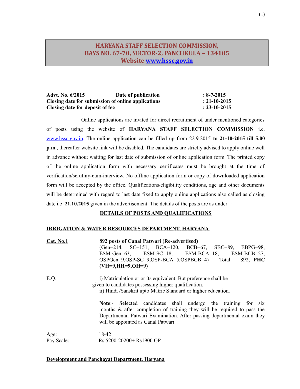 Advt. No. 6/2015 Date of Publication : 8-7-2015
