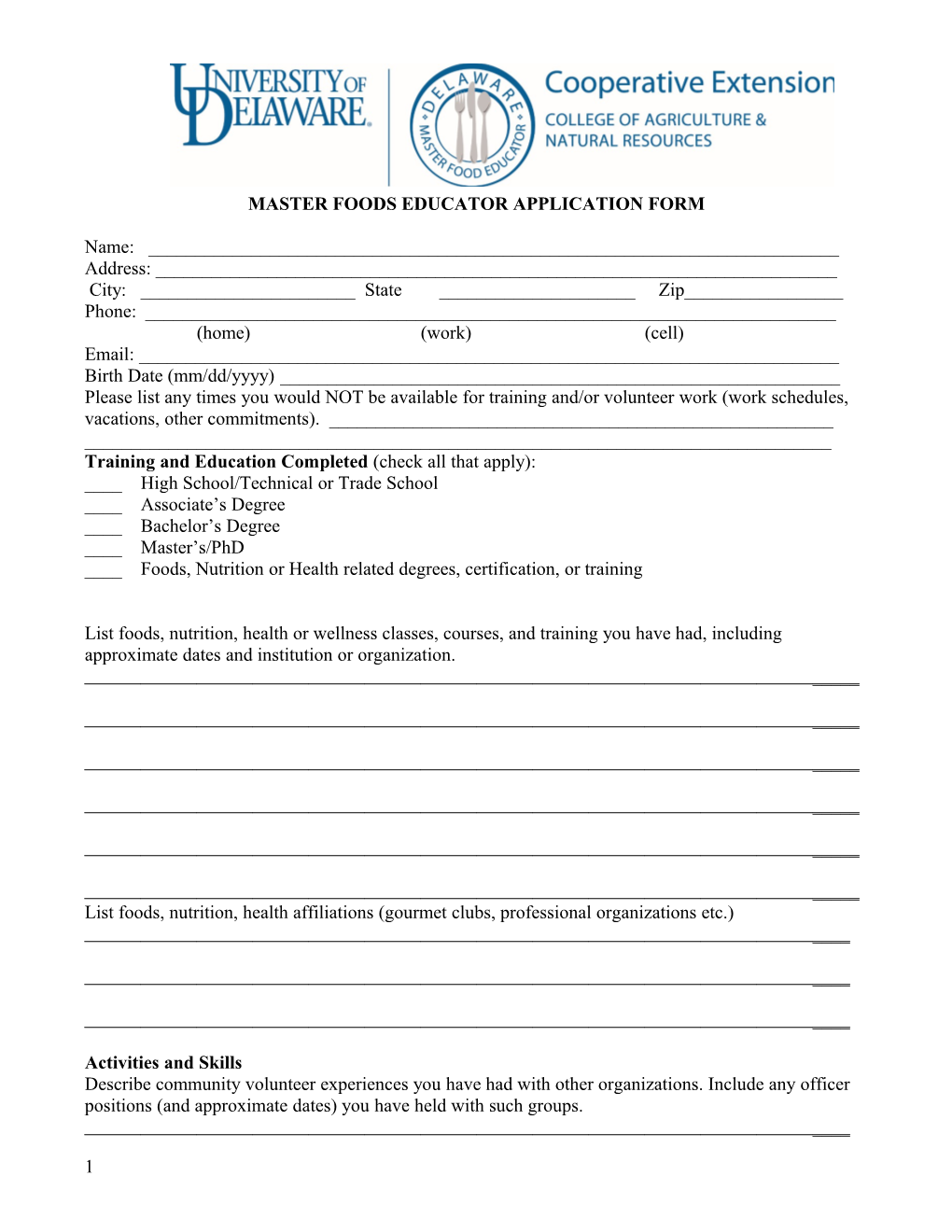 Master Foods Educator Application Form