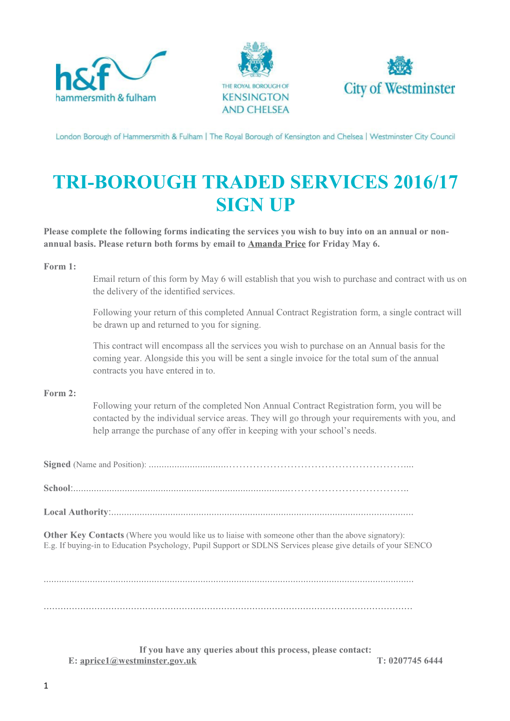 Tri-Borough Traded Services 2016/17 Sign Up