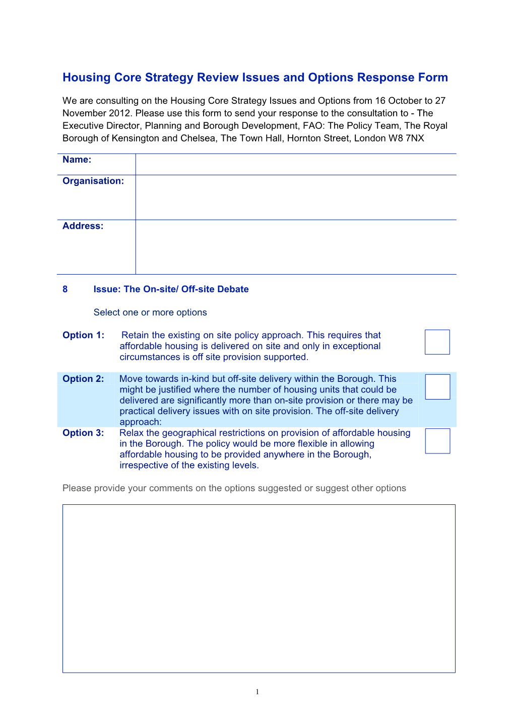 Housing Corestrategyreviewissuesand Optionsresponseform