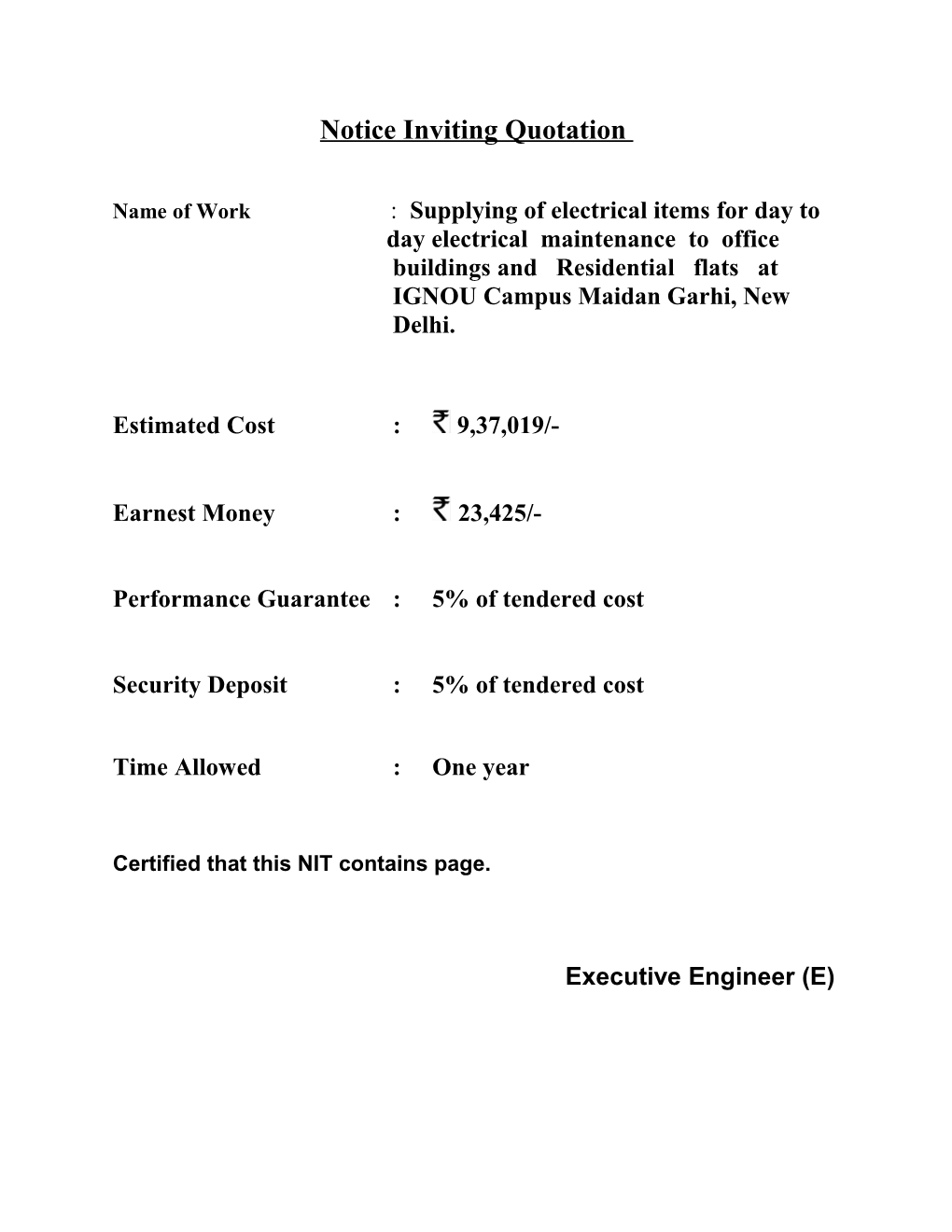 Name of Work : Supplying of Electrical Items for Day To