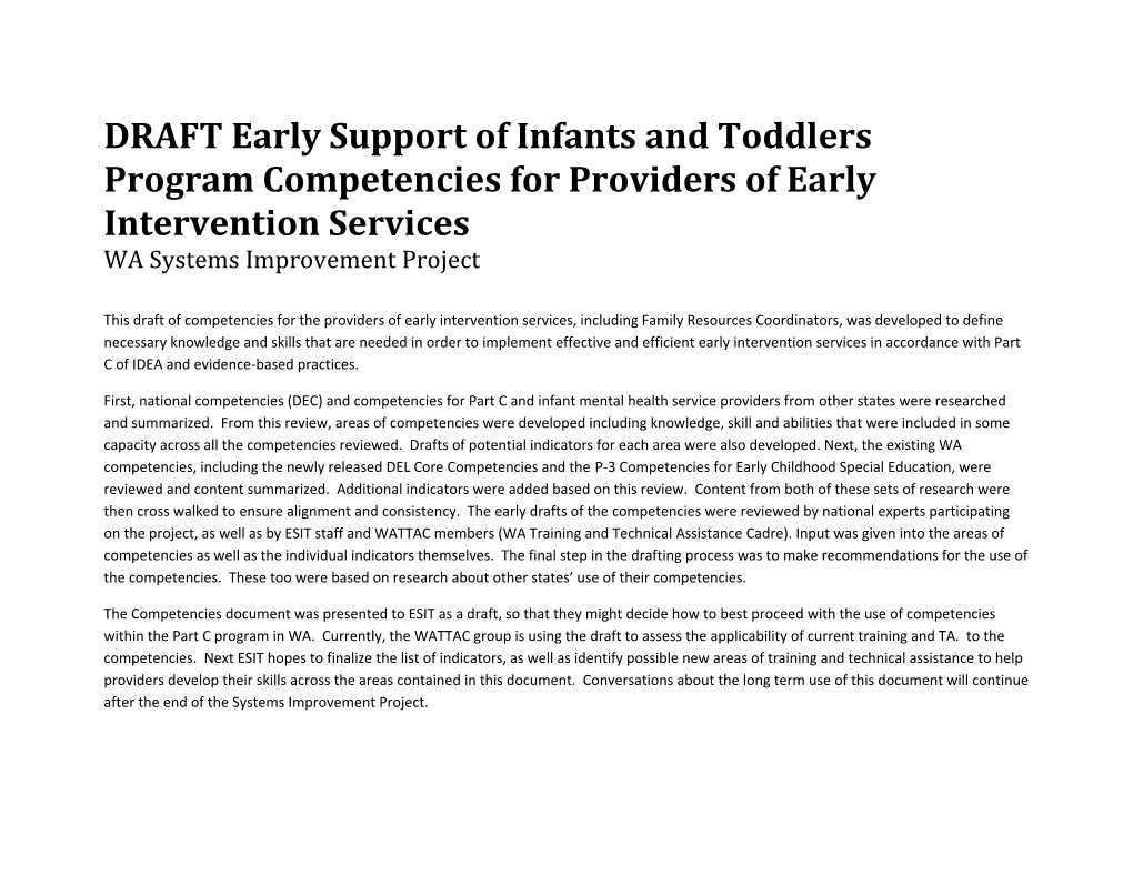 DRAFT Early Support of Infants and Toddlers Program Competencies for Providers of Early