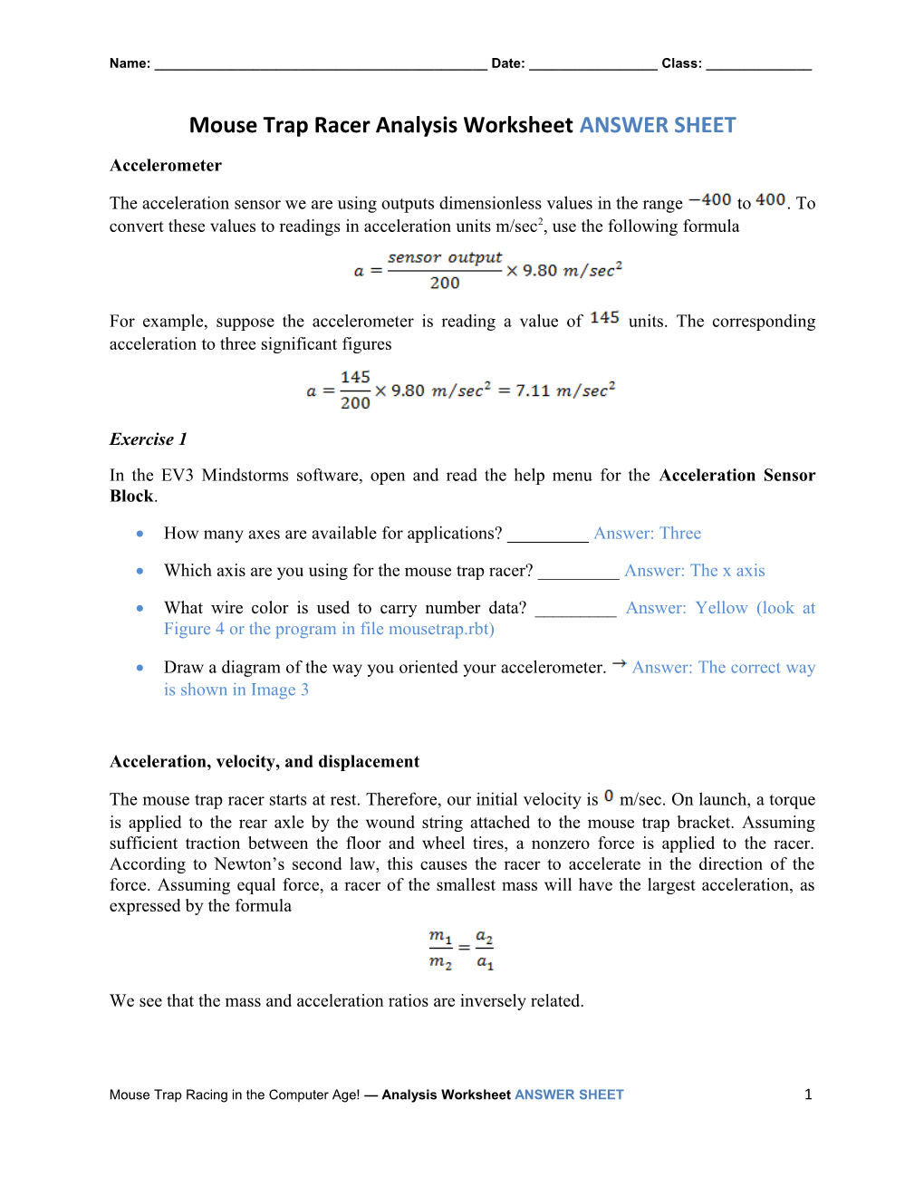 Mouse Trap Racer Analysis Worksheetanswer SHEET