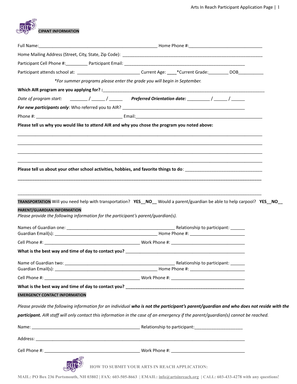 Arts in Reach Participant Application Page 1