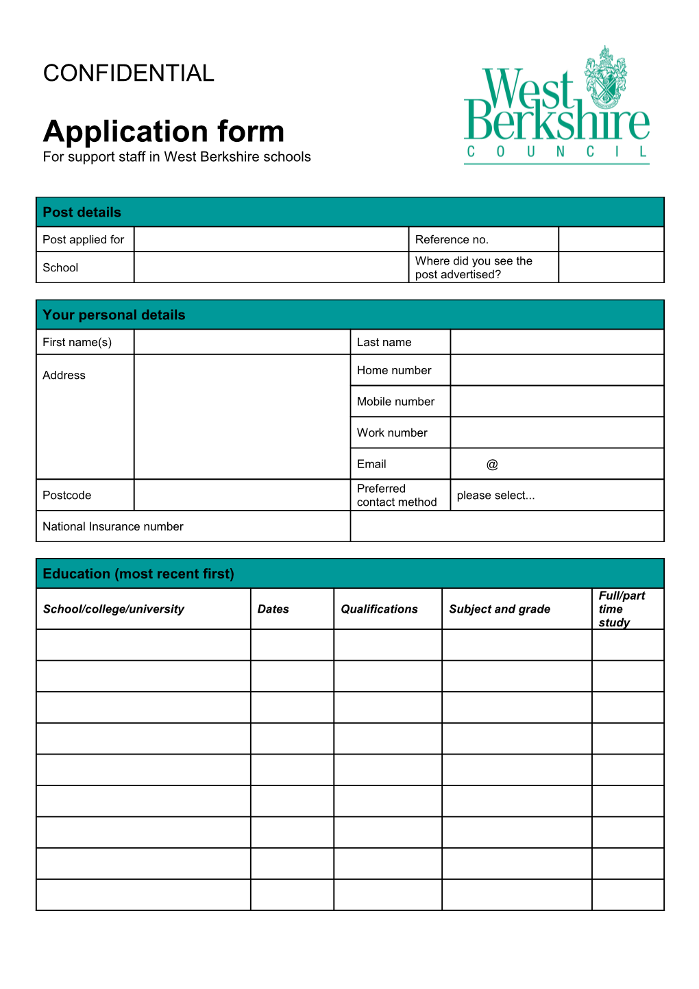 Application Form School Support Posts in West Berkshire Page 1