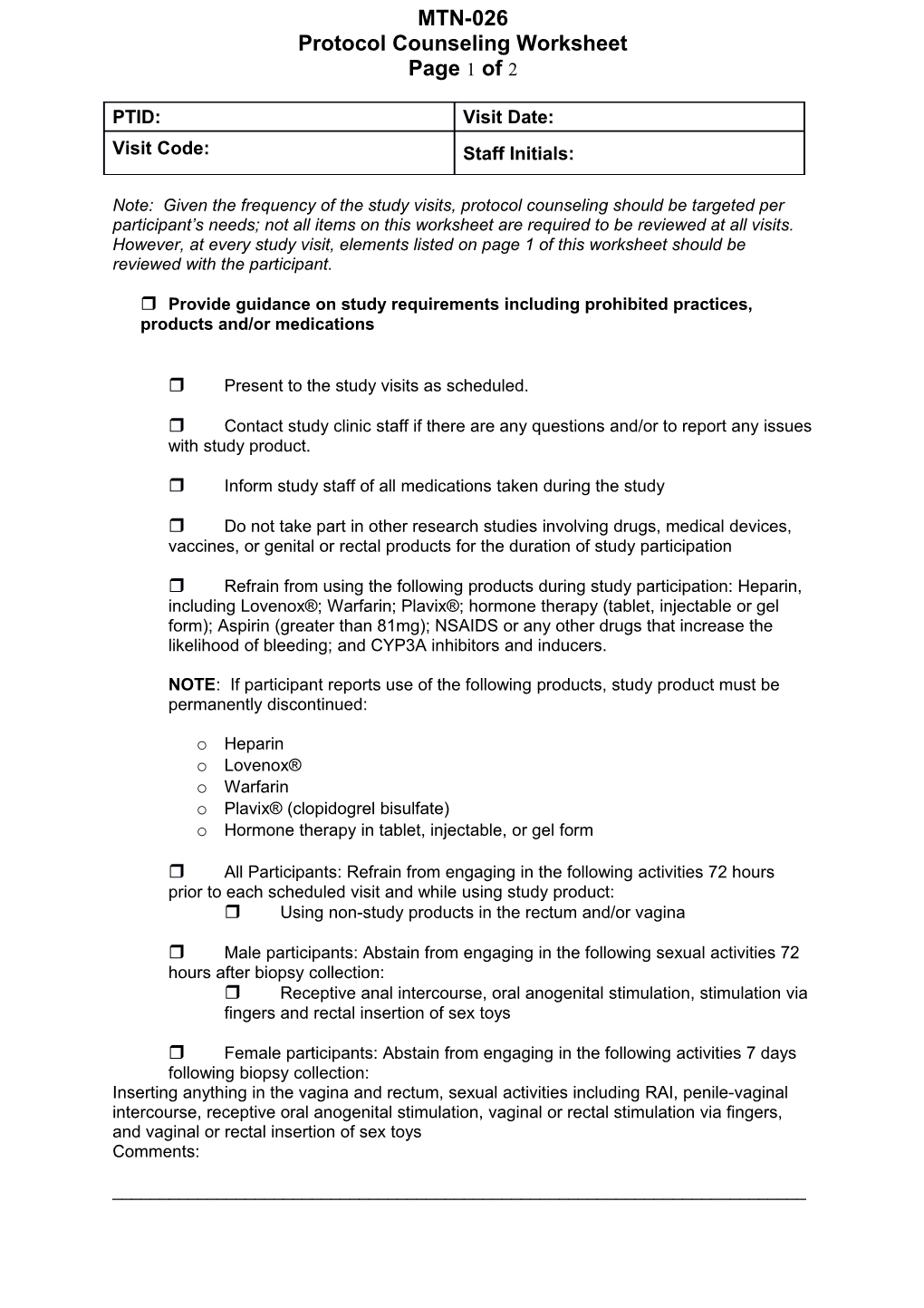 Protocol Counseling Worksheet